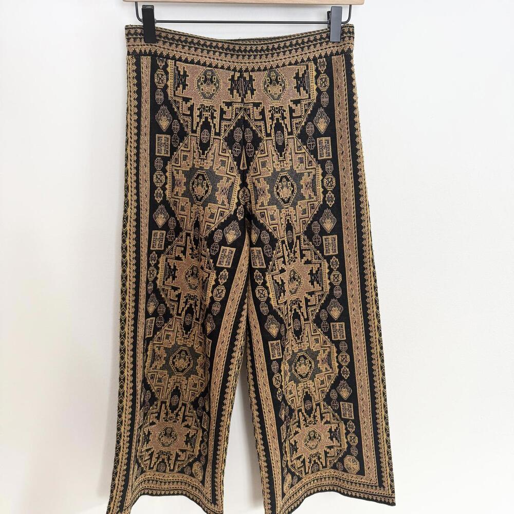 Womens Black & Gold Patterned Wide-Leg Pants